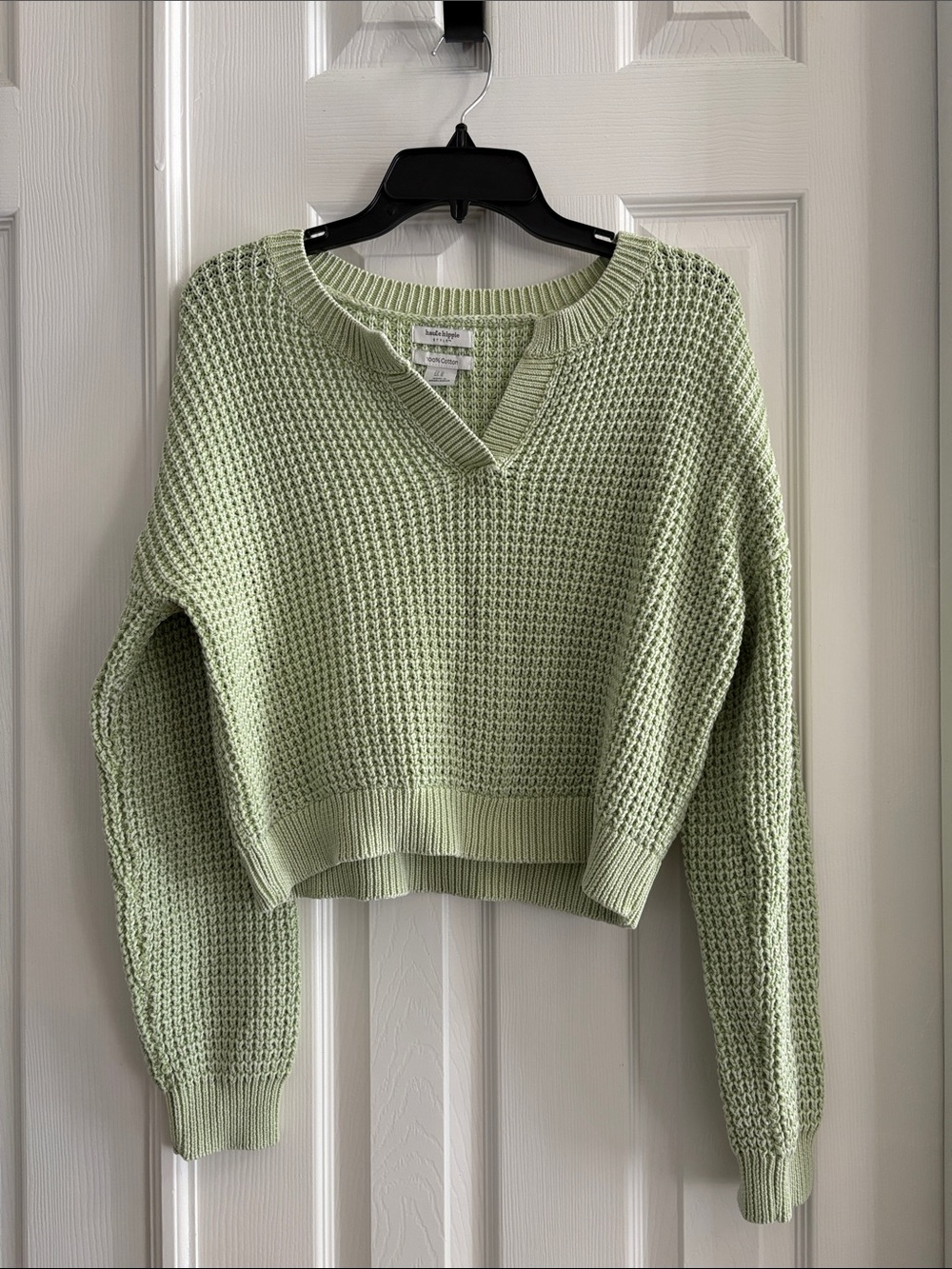 Haute Hippie light green Cotton v-neck cropped knit sweater Womens Medium NWOT